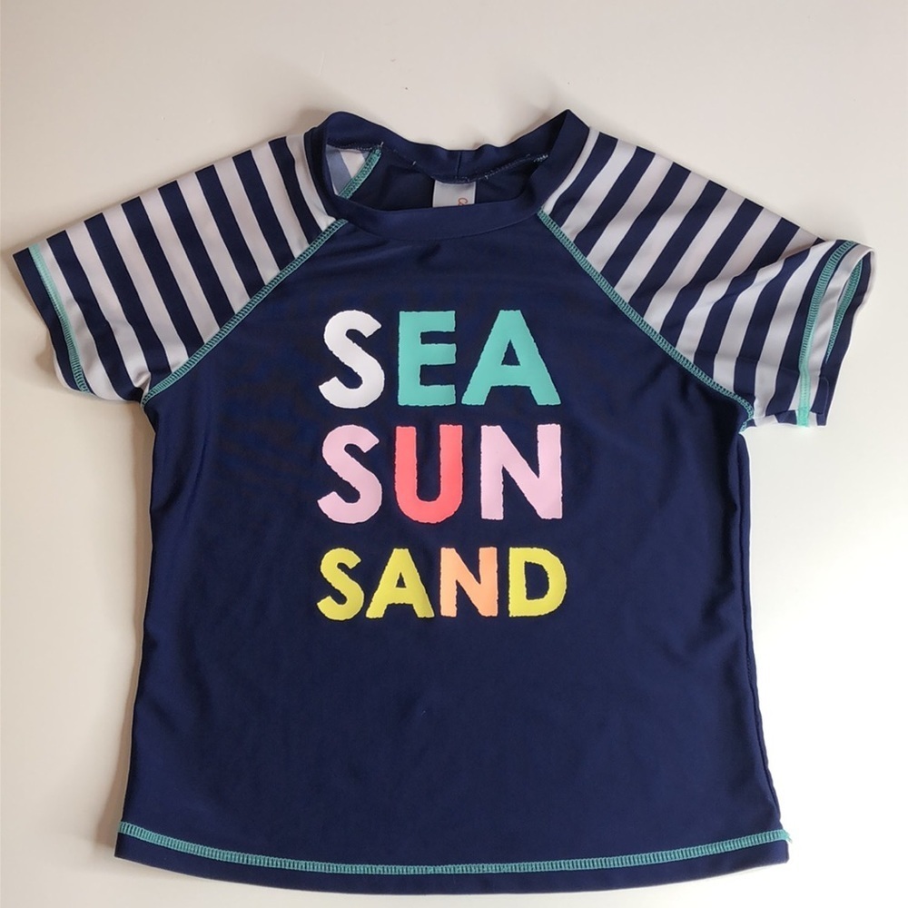 CAT & JACK Short Sleeve Rashguard SS TopBlue Stripes SEA SUN SAND Print Large